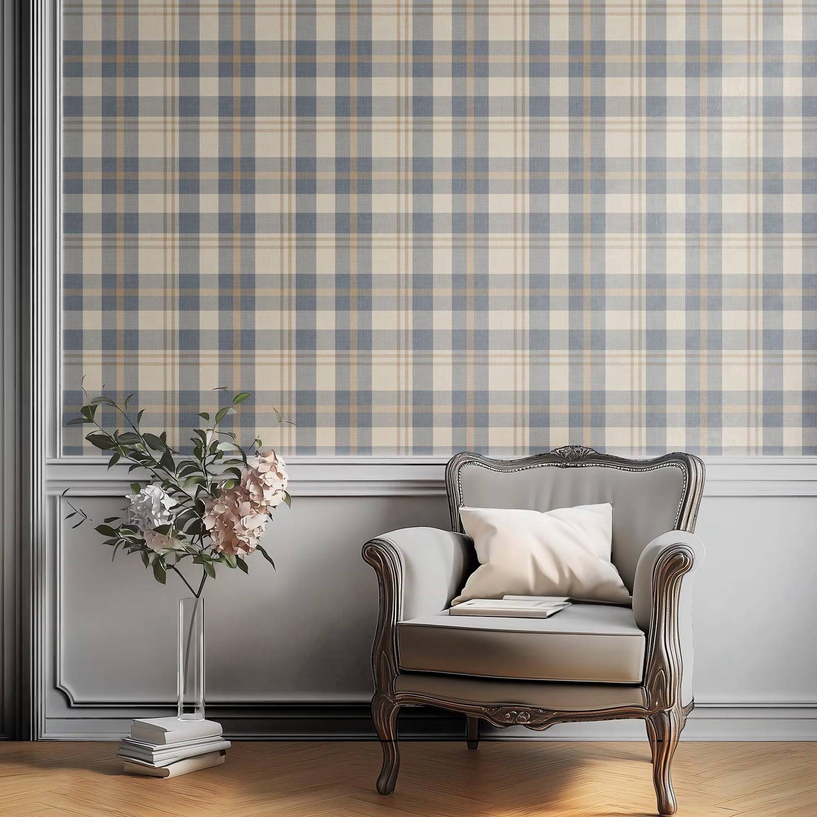 Interior Design Scandinavian - Papel pintado a cuadros neutro azul
